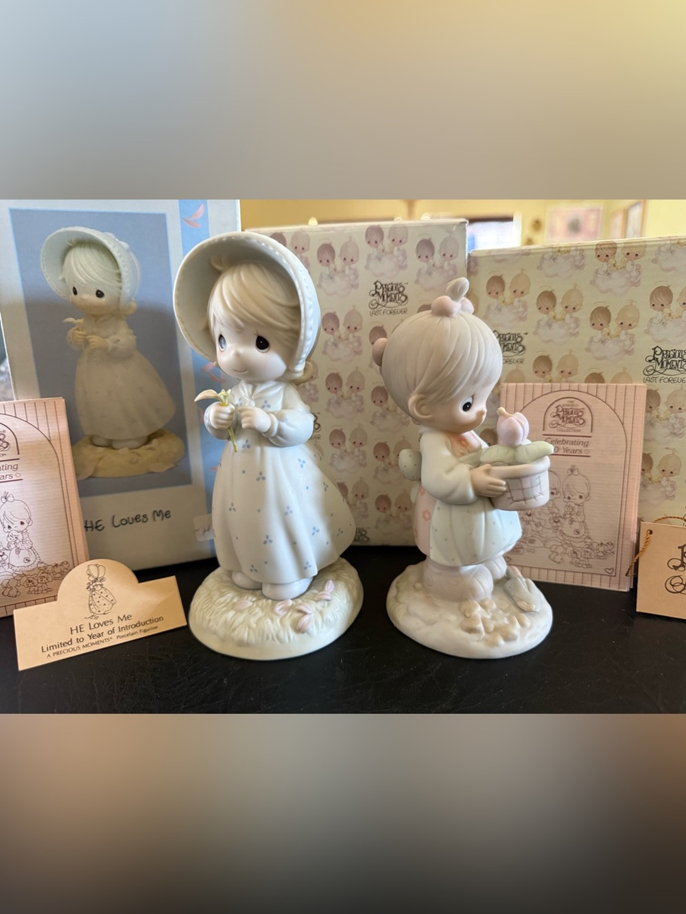 Lot of 2 Vintage Precious Moments 1990 ‘He Love Me’ , 1987 ‘May’ w/ box and tag